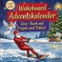 Ein Weihnachtsmann auf einem Wakeboard zieht über einen gefrorenen See, neben ihm ein Engel, daneben ein geschmückter Baum.