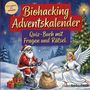 „Biohacking Adventskalender. Quiz-Buch mit Fragen und Rätsel.“ Santa fährt Rad, Engel lacht daneben, Winterlandschaft.