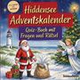 „Hiddensee Adventskalender: Quiz-Buch mit Fragen und Rätsel“. Illustration mit Santa, Engel, Baum und Leuchtturm am Strand.