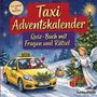 "Taxi Adventskalender: Quiz-Buch mit Fragen und Rätsel." Ein rotes Taxi, Weihnachtsmann, Engel und geschmückter Baum.
