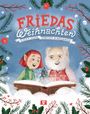 Titel: "FRIEDAS Weihnachten". Illustration von rotem Elf, älterem Mann mit Buch, umgeben von winterlichen Zweigen.