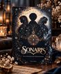 "SONARIS: Das Geheimnis der Elementreiche" von Tina Seitz. Drei Silhouetten umgeben von Zweigen, Blumen und Noten.