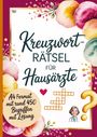"Kreuzwort-Rätsel für Hausärzte. A4 Format mit rund 450 Begriffen mit Lösung." Florales Design, ein Rätselgitter, Fragezeichen.