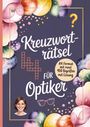Text: "Kreuzworträtsel für Optiker" und "A4 Format mit rund 450 Begriffen mit Lösung." Illustration mit Blumen und Brille.