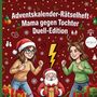 "Adventskalender-Rätselheft Mama gegen Tochter Duell-Edition." Illustration zweier kämpferischer Figuren, Weihnachtsmann dazwischen.