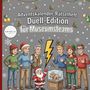 „Adventskalender-Rätselheft Duell-Edition für Museumsteams“. Illustration mit Figuren in Weihnachtskleidung, Blitzsymbol.
