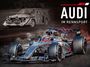 "AUDI IM RENNSPORT 2027" in Weiß und Rot. Ein Rennwagen im Vordergrund und ein älteres Rallyeauto im Hintergrund.