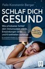 Text: "SCHLAF DICH GESUND". Eine Person schläft friedlich in einem Bett. Beistelltisch mit Lampe im Hintergrund.