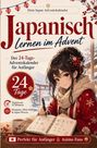 „Japanisch lernen im Advent“ steht oben. Eine Illustration zeigt eine Frau in roter Kleidung mit einem Buch.