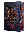 „Anja Lehmann, Velyrion, Reich der vergessenen Drachen“. Eine goldene Krone mit roten Blumen und Drachenflügeln.