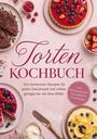 „Torten Kochbuch“. Verschiedene Torten auf rosafarbenem Hintergrund, dekoriert mit Früchten und Schokolade.