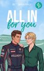 "ALL IN for you" und "BETTINA KIRALY" oben. Zwei Personen, ein Rennfahrer und eine Person mit blonder Frisur umarmen sich.