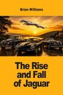 "Brian Williams" und "The Rise and Fall of Jaguar" auf orangefarbenem Hintergrund über Oldtimern vor Sonnenuntergang.