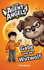 "Agent Angels. Gabe und der Wutwolf. Chris Kersh." Ein Junge im orangefarbenen Hoodie und ein wütender Hund mit großen Augen.