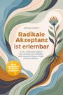 "Radikale Akzeptanz ist erlernbar", bunte Linien, Blütenillustration, goldener Kreis mit Zusatzinfos, harmonische Farben.