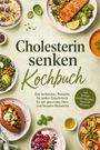 "Cholesterin senken Kochbuch" mit bunten, gesunden Gerichten wie Lachs, Salaten und Suppen auf einem grünen Hintergrund.