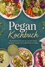 Titel: "Pegan Kochbuch". Grüne und beige Schalen mit buntem, gesundem Essen wie Avocado, Gemüse, Salat und Brot.