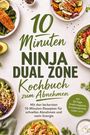 "10 Minuten Ninja Dual Zone Kochbuch zum Abnehmen" zeigt gesunde Gerichte auf weißen Tellern mit grünem Hintergrund.