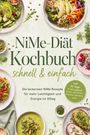 "NiMe-Diät Kochbuch, schnell & einfach. Die leckersten NiMe Rezepte für mehr Leichtigkeit und Energie im Alltag."  
Grüne Zutaten umgeben zentrale Textelemente.