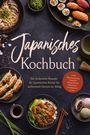 "Japanisches Kochbuch" steht in großer Schrift. Dargestellt sind verschiedene japanische Gerichte wie Sushi, Ramen und Gyoza.