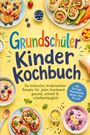 Titel: Grundschüler Kinderkochbuch. Leckere, kindgerechte Rezepte. Bunte Speisen auf gelbem Hintergrund, frisches Obst.