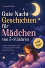 Titel: "Gute-Nacht-Geschichten für Mädchen von 5-9 Jahren". Ein Mädchen liest, sitzend auf einer Wolke, mit Mond und Sternen.