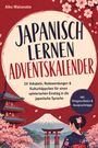 „Japanisch Lernen Adventskalender“. Illustration: Tempel, Kirschblüten, Berge, Frau im Kimono.