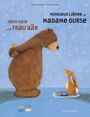 "Herr Hase und Frau Bär" und "Monsieur Lièvre et Madame Ourse". Bär mit Blume, Hase im Kleid auf blauem Hintergrund mit Blumen.
