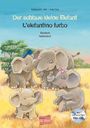 Buchtitel: "Der schlaue kleine Elefant". Illustration von fünf fröhlichen Elefanten in Landschaft. Edition bi:libri Logo.