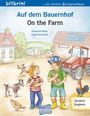 Titel: "Auf dem Bauernhof / On the Farm". Zwei Kinder halten Tiere, umgeben von Bauernhof-Tieren.