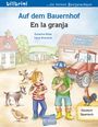 "Auf dem Bauernhof/En la granja" steht oben. Zwei Kinder halten Tiere, im Hintergrund Tiere und ein roter Traktor.