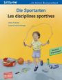 Text in der Mitte: "Die Sportarten, Les disciplines sportives." Ein Kind spielt mit einem Springseil, umgeben von Sportgeräten.