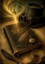 "Sucht" steht auf einem alten Buch. Daneben ein Zylinderhut mit Zahnrädern, eine Taschenuhr und ein Whiskyglas.