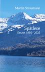 "Martin Straumann, Spätlese, Essays 1995-2025". Verschneite Berge über einem See mit einem Dorf am Berghang.