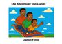 Text: "Die Abenteuer von Daniel. Daniel Fotio." Drei fröhliche Kinder fliegen auf einem fliegenden Teppich im Himmel.