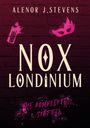 „Nox Londinium, Die komplette 1. Staffel“ auf purpurfarbenem Ziegelhintergrund mit Masken- und Spraydosenillustration.