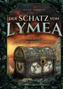 "Der Schatz von Lymea. Eine Reise, welche die Welt verändert." Prächtige dekorative Truhe vor dramatischem Himmel.