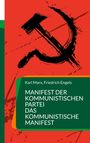 Text: "Karl Marx, Friedrich Engels - Manifest der Kommunistischen Partei, Das Kommunistische Manifest." Im Hintergrund Hammer und Sichel auf rotem Grund.