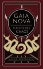 "GAIA NOVA, Mächte des Chaos, Aina Koregard." Dunkles Art-Deco-Design mit stilisiertem goldenen Symbol.