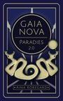 "GAIA NOVA PARADIES 2.0" und "AINA KOREGARD". Grafik mit stilisierten Formen und Linien in Blau und Gold.