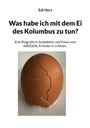 Titel: "Was habe ich mit dem Ei des Kolumbus zu tun?" Ein braunes angeknacktes Ei.