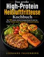 "Das große High-Protein Heißluftfritteuse Kochbuch." Gegrilltes Fleisch, Lachs, Gemüse und Muffins auf schwarzem Teller.