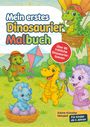 "Mein erstes Dinosaurier Malbuch", "Über 80 fröhliche Dinosaurier-Szenen", "Für Kinder ab 4 Jahren". Fröhliche Dinosaurier.