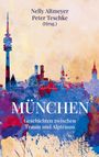Buchtitel: "MÜNCHEN - Geschichten zwischen Traum und Alptraum". Silhouette der Stadt in bunten Aquarellfarben.