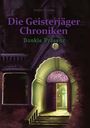 „Die Geisterjäger Chroniken: Dunkle Präsenz“. Illustration eines düsteren Hauses mit geöffneter Tür und grünlicher Beleuchtung.