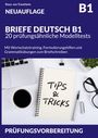 Cover mit Text: "Briefe Deutsch B1, 20 prüfungsähnliche Modelltests". Laptop, Notizbuch "Tips & Tricks", Stift, Brille.