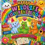 „Happy Wildlife Coloring Book“ in bunten Buchstaben, umgeben von einem fröhlichen Elefanten, einem Krokodil und einem Bären.