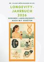 „Longevity-Jahrbuch 2026: Gesunde Langlebigkeit, auch mit Geräten“. Illustration: Frau mit Smartwatch, DNA, Mikroskop.