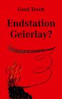 Text: „Gerd Tesch, Endstation Geierlay?“ Illustration: Feuer mit Brücke und Spiralform auf rotem Hintergrund.