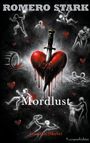 "Mordlust", "Love Kills (Maybe)", "Kurzgeschichten". Eine Illustration eines blutigen Herzens mit Messer und Schattenszenen.
